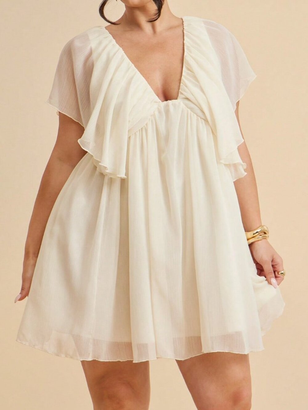 Apricot Cute Women's Plus Size Elegant Ruffle Deep V-Neck Mini Dress - Picture 3 of 5
